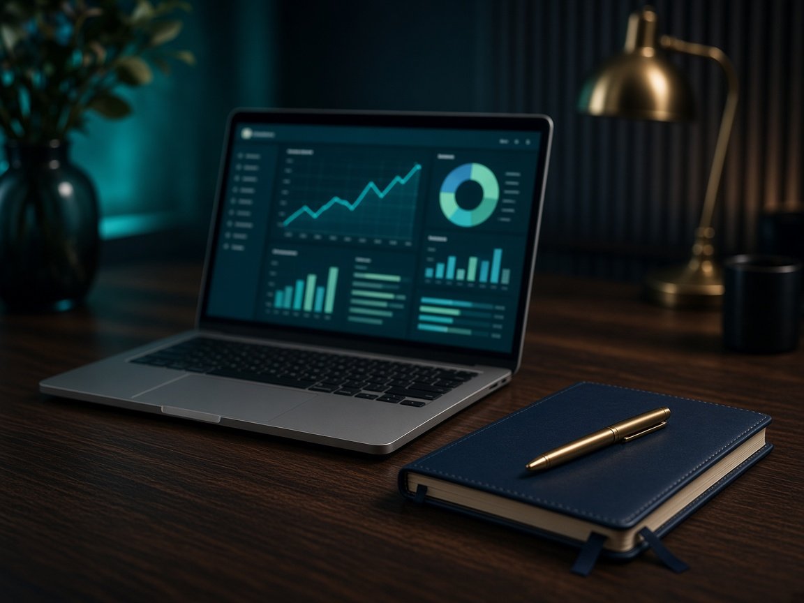 Styled desk with a QA dashboard on a laptop